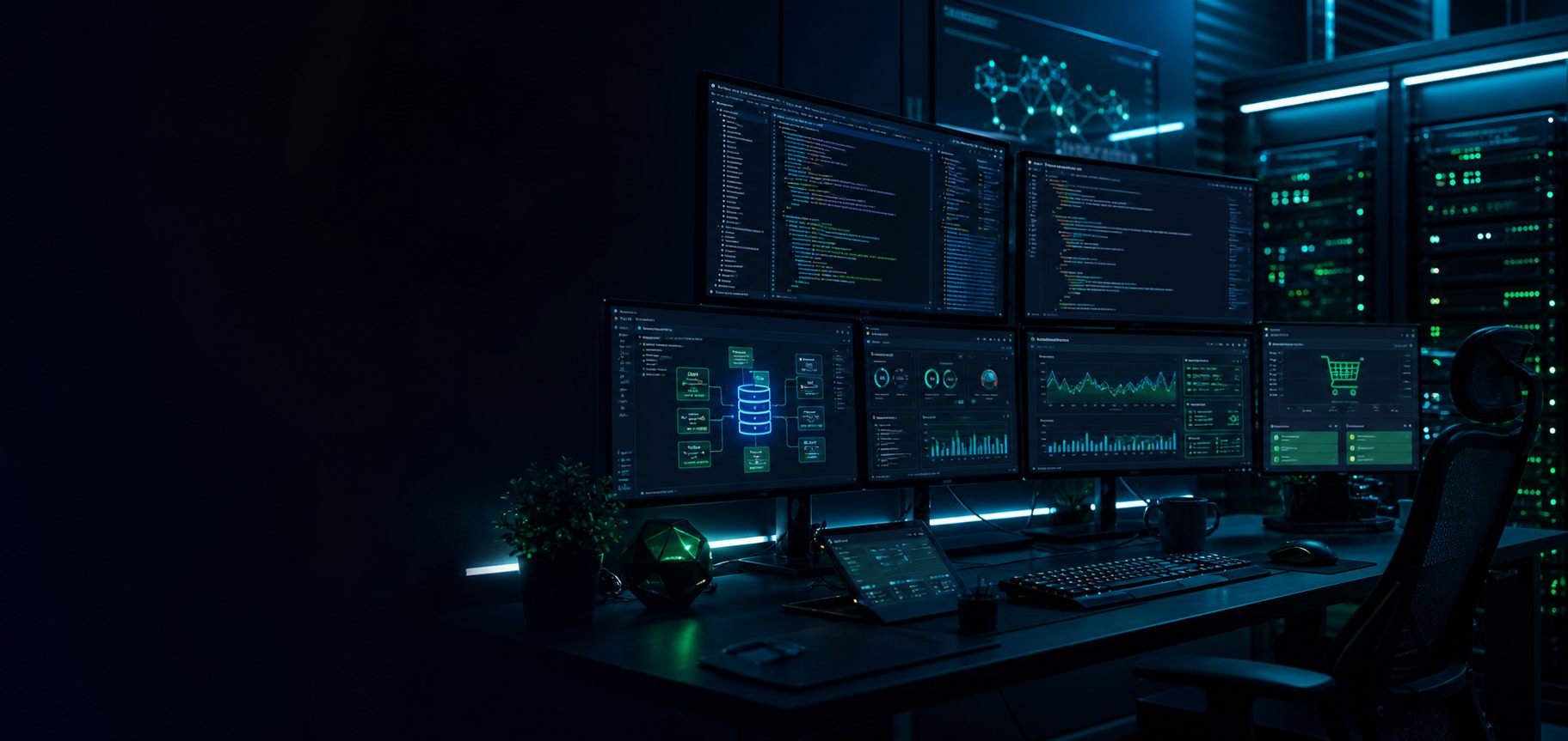 Dark futuristic developer workstation with code screens